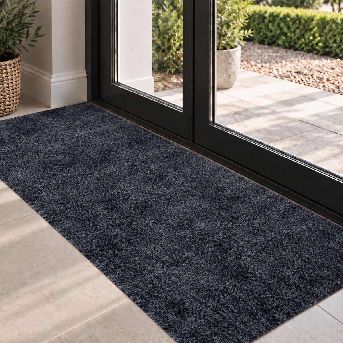 A dark charcoal gray shag runner rug laid out on a light beige tiled floor in front of black-framed glass doors, with a patio and potted plants visible outside.